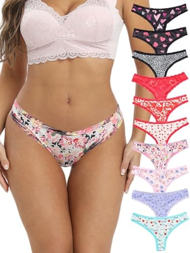 Image of Morvia 10-Pack Women Sexy Coquette Contrast Lace Trims Floral Print Thongs Underwear (US, Alpha, Large, Regular, Regular, 10 Pack Red & Black)