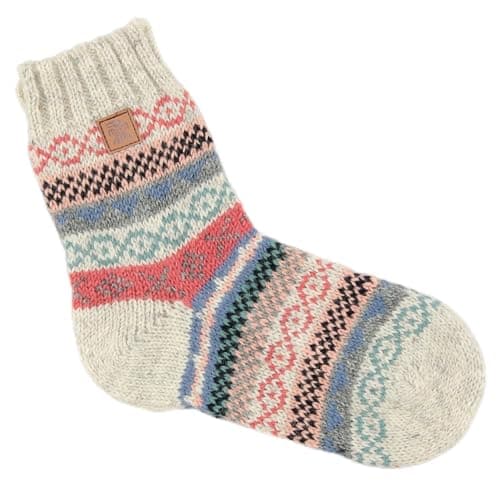 Image of Pachamama 100% Wool Bed Sofa Socks Fine Hand Knit Striped Fairisle Multicoloured Medium 4-7 Handmade Extra Warm Fair Trade (Oatmeal, UK Footwear Size System, Adult, Women, Alpha, Medium, One Size)