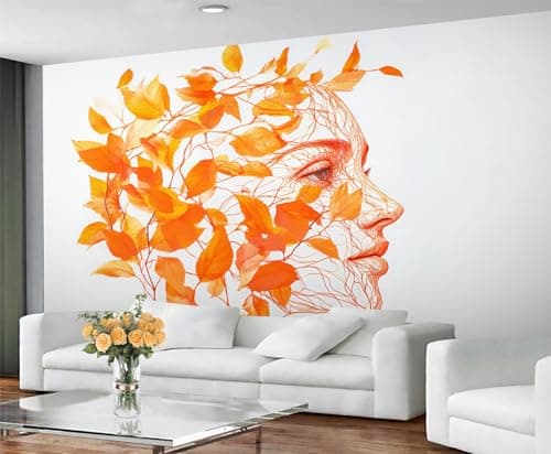 Image of GIVLWF Leaves Wallpaper Mural, Abstract Woman Bedroom Wallpaper, Autumn Orange Wall Paper for Living Room, Non Self Adhesive, Wall Murals & Home Decor