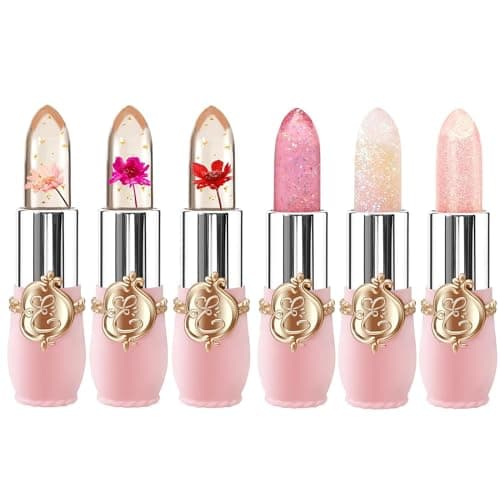 Image of 6 Packs Flower Jelly Lipstick Set Magic Temperature Color Change Lip Balm Long Lasting Moisturizer Lip Gloss Flower Jelly Lipstick Makeup Set (6PCS Set B)