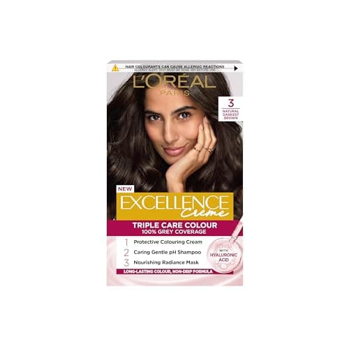 Image of L'Oréal Paris Excellence Crème Permanent Hair Dye, Radiant At-Home Hair Colour with up to 100% Grey Coverage, Pro-Keratin, Up to 8 Weeks of Colour, Colour: 3 Natural Darkest Brown