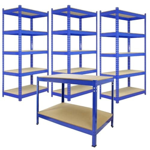 Image of 3 x 90cm Q-Rax Blue Metal Racking Units 5 Tier Starage Bay, Workbench with FREE Rubber Mallet