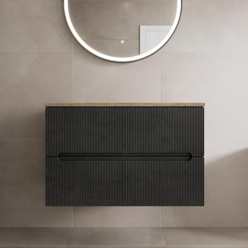 Image of Vitusso® 800mm Bathroom Vanity Unit Oak Countertop Wall Hung Drawer Unit Storage Furniture Black, No Basin