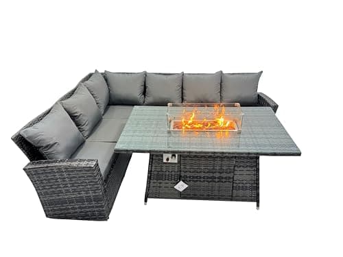 Image of FMSGarden Outdoor Rattan Corner Sofa Garden Furniture High Back Sofa Set Gas Fire Pit Dining Table Gas Heater Burner 6 Seater