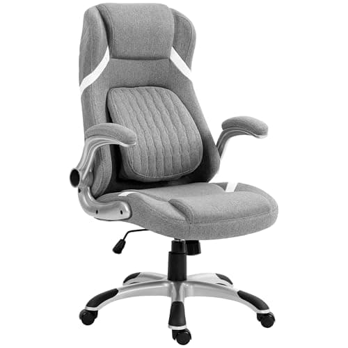 Image of Vinsetto Ergonomic Executive Office Chair, Linen-Look Fabric High Back Computer Desk Chair with Adjustable Lumbar Support, Flip-up Armrests, Rocking Function, Grey
