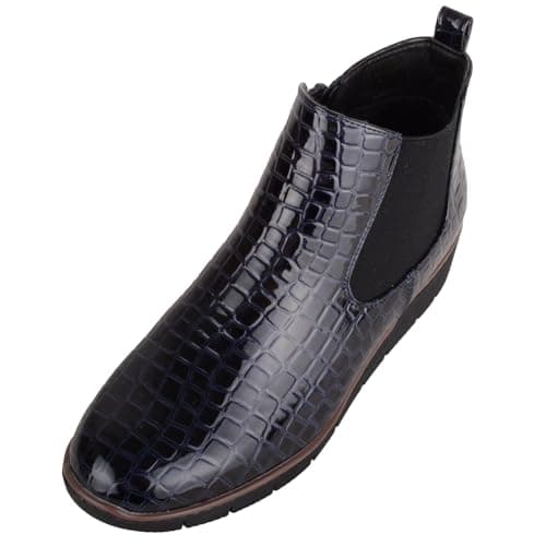 Image of ABSOLUTE FOOTWEAR Womens Faux Patent Leather Wedge Ankle Chelsea Boots with Twin Gusset - Navy - UK 5