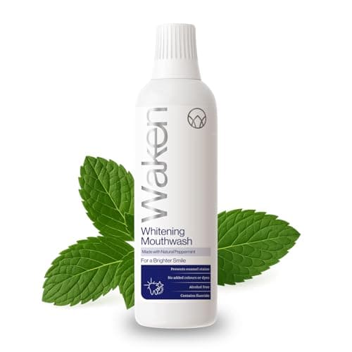 Image of Waken Whitening Mouthwash, clinically Tested whitening Formula for a Brighter Smile, Prevents Enamel Stains, Alcohol-Free, Vegan, Recycled Packaging, Natural Peppermint Flavour, 500ml