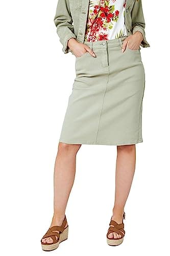 Image of Roman Originals Denim Skirt with Pockets for Women UK - Ladies Jean Skirts Cotton Stretch Mid Wash Fitted A Line Casual Smart Work Office Knee Length Flattering Slimming - Sage - Size 12