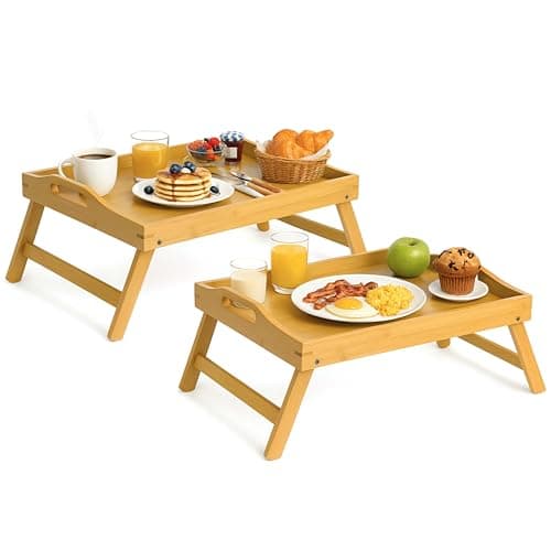 Image of Unibos- 2 Pack Bamboo Bed Tray Table With Folding Legs, Breakfast Trays, Serving Tray For Food & Snack, Laptop Trays For Working