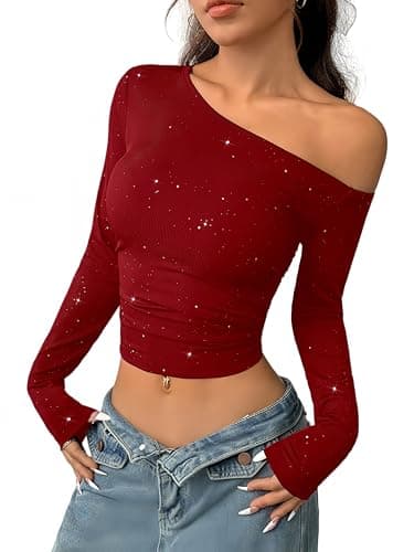Image of Zesoyne Women's Glitter One Shoulder Long Sleeve Crop Top Casual Spring Summer Ruched Form Fitting Sparkly Ribbed Party Top Medium Red