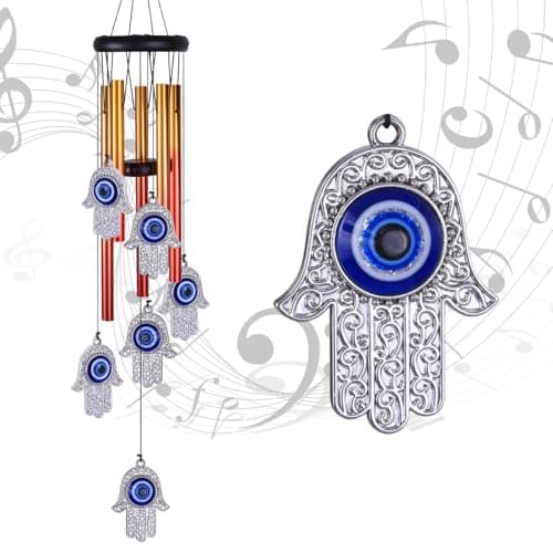 Image of Blue Evil Eye Hand of Fatima Wind Chimes Outdoor Decoration, Evil Eye Wind Bells, Hamsa Hand Windcatcher, Fatima's Holy Hand Blue Evil Eye Amulet Wind Chimes for Home,Gift for Mom,Balcony,Patio,Garden