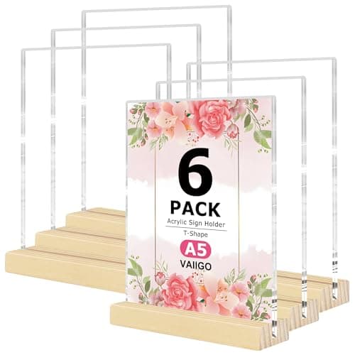 Image of VAIIGO A5 Perspex Display Stand 6Pack – A5 Acrylic Sign Holder with Wooden Base, Double-Sided Table Menu Holder, Poster Display Stand, Leaflet Frame for Restaurant, Office, Shop, Home, Event, Wedding