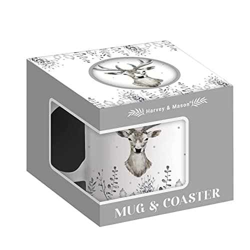 Image of Harvey & Mason Festive Reindeer New Bone China Mug & Coaster Set Christmas Xmas Gift White Grey