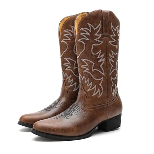 Image of ANUFER Men's Stylish Embroidered Cowboy Boots Western Heel Pointed Toe Slip-On Mid Calf Boots Brown SN071164 UK7.5