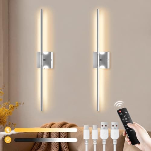 Image of Rechargeable LED Wall Lights 2 Pack - 10000mAh Battery Operated Wall Lights Indoor with Remote 3 Colour Temperatures, Wireless Wall Sconces Dimmable Silver Wall Lamp for Living Room Bedroom Hallway