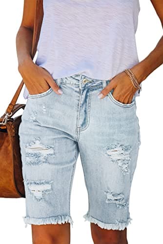 Image of Ancapelion Women's Casual Denim Shorts Mid Waist Bermuda Jeans Shorts Raw Hem Ripped Hole Jeans with Pockets Indigo XL