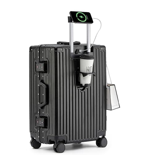 Image of lesulety Hard Shell Suitcase Cabin Size Cheap Cabin Luggage Suitcase Medium 4 Wheels Lightweight with USB Charger Cup Holder zipperless Luggage,Black,22in