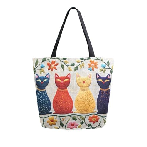 Image of Canvas Tote Bag Large Women Casual Shoulder Bag Handbag Cats Embroidered Texture Reusable Multipurpose Heavy Duty Shopping Grocery Cotton Bag for Mom