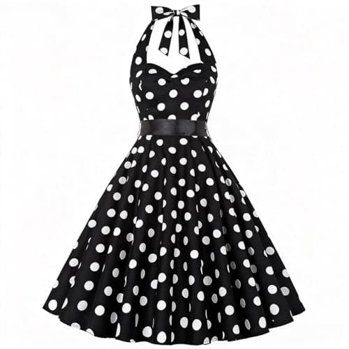 Image of HAPNBCELE Vintage Dress 1950s for Women, Tea Party Halter Polka Dots Dresses Picnics Summer Vacation Beach Outfits Slim Fit (Medium, Black)