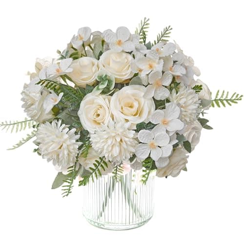Image of 3 Bunches White Artificial Peonies Flowers Fake White Silk Hydrangea Realistic Roses Bouquet Faux Wedding Rose Artificial Bridal Bouquet Party Floral Arrangement Baby Show Table Centerpiece Home Decor