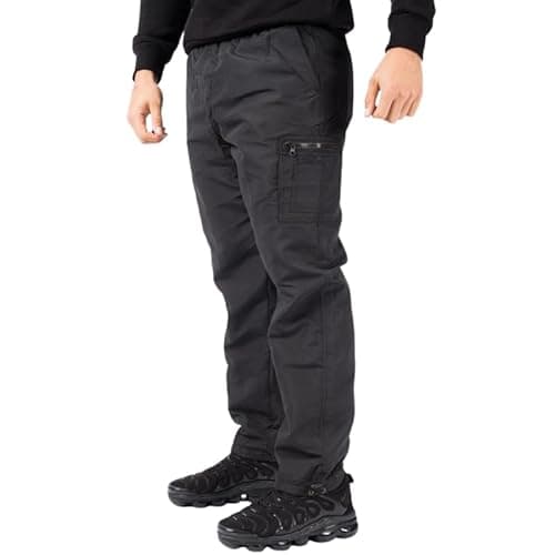 Image of Men’s Thermal Fleece-Lined Cargo Trousers – Windproof Water-Resistant Work Combat Pants with Multi Pockets, Elasticated Waist & Drawstring for Walking & Outdoor, Biker Cyclist Use - Black M