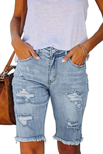 Image of Ancapelion Women's Casual Denim Shorts Mid Waist Bermuda Jeans Shorts Raw Hem Ripped Hole Jeans with Pockets Light Blue L