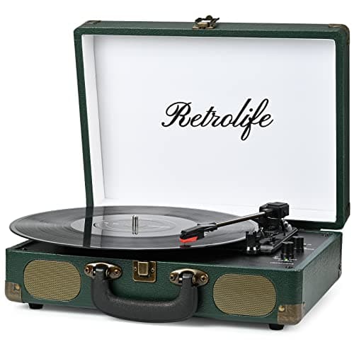 Image of Retrolife Vinyl Record Player 3-Speed Bluetooth Suitcase Portable Belt-Driven Record Player with Built-in Speakers RCA Line Out AUX in Headphone Jack Vintage Turntable