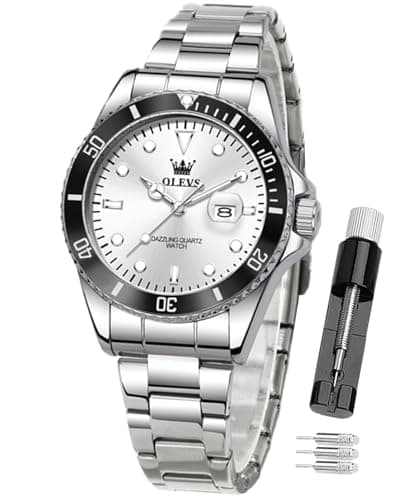 Image of OLEVS Ladies Watches Silver Stainless Steel Luxury Dress Watch, Women's Business Leisure Waterproof Luminous Analogue Quartz Wristwatch with Day Date - Womens Gift ((5885 Woman) White dial)