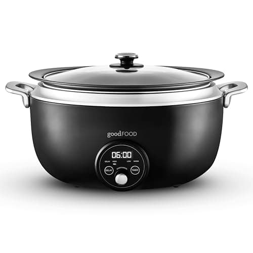 Image of Good Food in partnership with Tower, 6.5L Digital Slow Cooker 3 Heat Settings, Delay Function & Timer, Removable Aluminium Pot & Cool Touch Handles, Black with Stainless Steel Accents, GF16011
