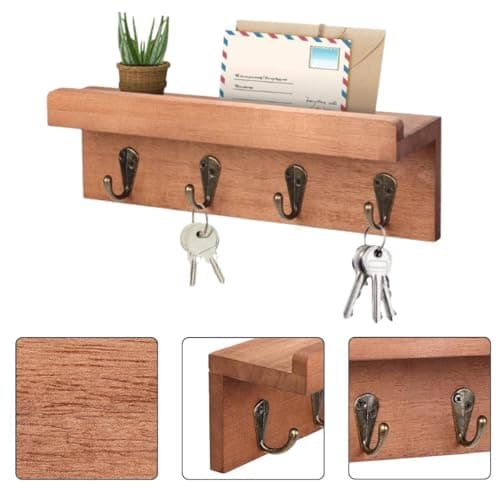 Image of Rustic Wooden Key Holder Wall Mounted with Mail Holder & 4 Hooks – Farmhouse Entryway Key Rack & Wall Shelf Organizer for Keys, Letters & Mail (Brown - Oak)