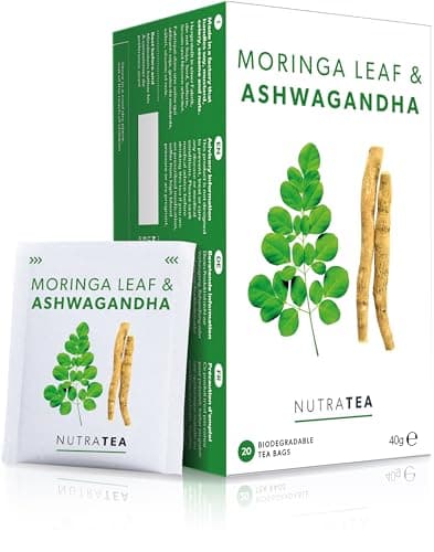 Image of Nutra Tea Moringa Leaf & Ashwagandha - Moringa Tea Bags | Ashwagandha Tea Bags - Rich In Essential Nutrients & Cortisol Balance - 20 Individually Wrapped Bags - Herbal Infusion (1 Pack)