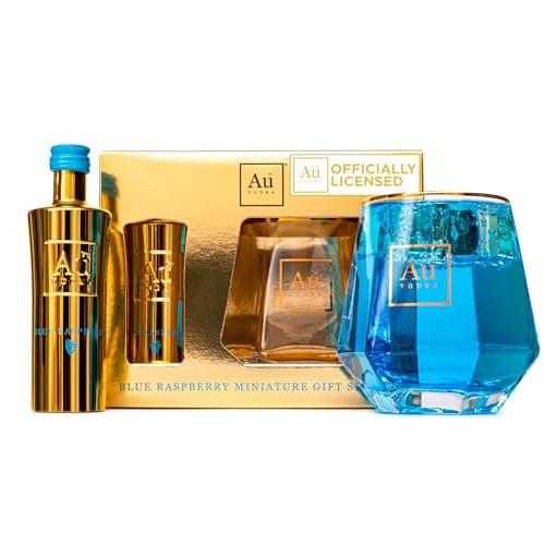 Image of Au Vodka Gift Set - Blue Raspberry Flavoured Vodka 5cl Miniature & Diamond Cut Gold Glass - Official Licensed - Fathers Day, Birthday Gifts for Men and Women - Handcrafted In The UK, Alcohol Gift Set
