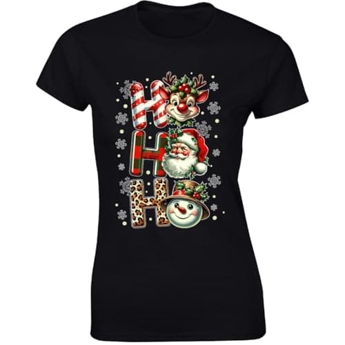 Image of HO HO HO Christmas Lover T-Shirt Xmas Santa Reindeer Snowman Ladies Tee Black - X-Large