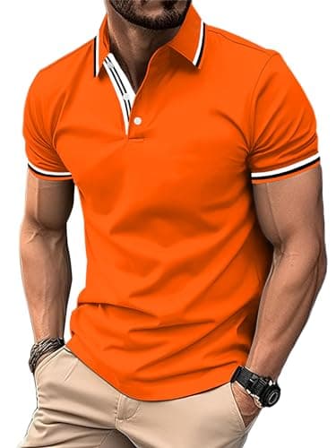 Image of geeksport Men's Polo Shirt Short Sleeve Golf Polo Outdoor Breathable Tops for Mens Sports T-Shirt Work Tee Orange 3XL
