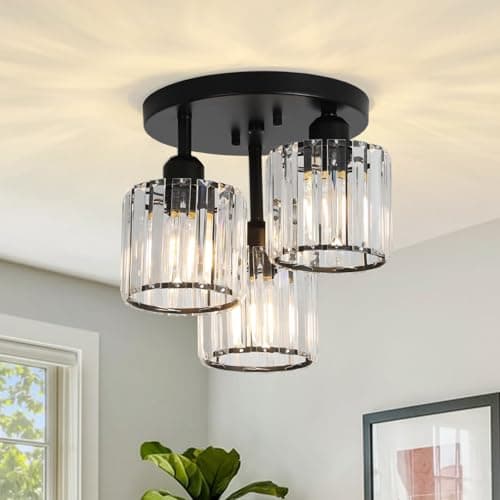 Image of Rayofly Modern Crystal Chandeliers, 3-Light Crystal Lights for Living Room, Black Semi Flush Ceiling Light Fittings for Hallway, Bathroom, Bedroom, Foyer, Kitchen