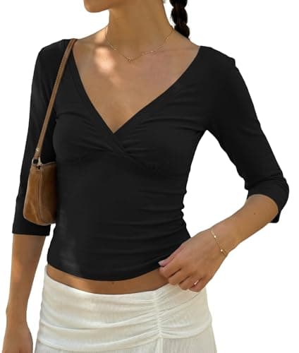 Image of BAIGRAM Womens 3/4 Half Sleeve Deep V Wrap Neck Ruched Crop Tops Open Back Tshirt Y2k Vintage Minimalist Slim Fit Tee Summer, Black, S