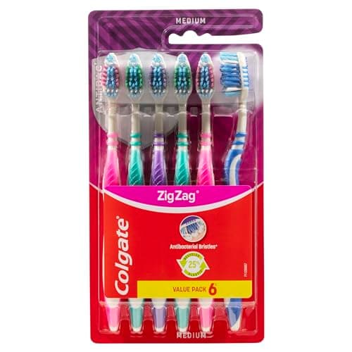 Image of Colgate Zig Zag Manual Toothbrush with Cross Bristles to Reach Deep Between Teeth - Superior Bacterial Removal vs an Ordinary Toothbrush - Gentle On Gums - 6 Pack