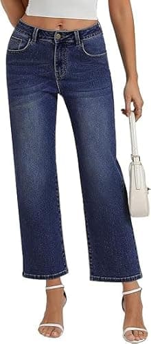Image of Belle Poque Womens Straight Leg Jeans High Waist Stretch Wide Leg Denim Pants with Pockets Casual Office Work Jeans