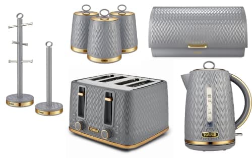 Image of TOWER Empire Grey Kitchen Set Including Jug Kettle, 4 Slice Toaster, Bread Bin, Set of 3 Canisters, Mug Tree & Towel Pole. Art Deco Design Kitchen Set of 8 Items in Grey with Brass Accents