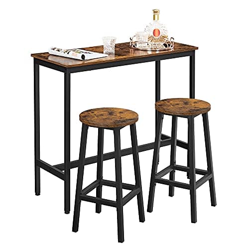 Image of Vasagle LBT219B01 Bar Table with Bar Stool Set, Dining Set, Bar Table with 2 Round Chairs, Steel Frame, Industrial Design, Vintage Brown/Ink Black