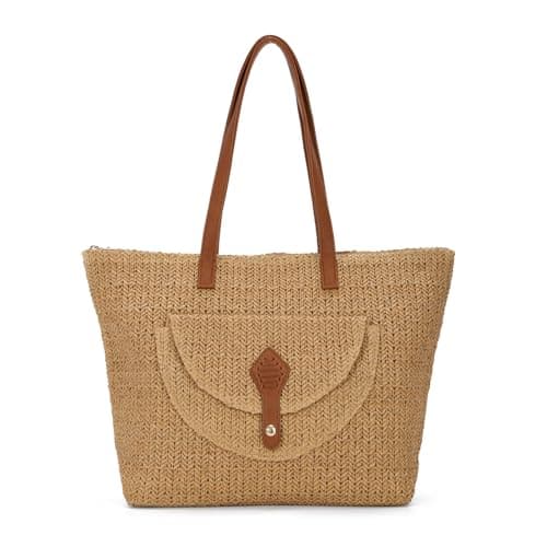 Image of EVEOUT Women Straw Woven Tote Bag Summer Beach Bag Casual Boho Faux Raffia Shoulder Bag with PU Leather Handles for Holiday Travel