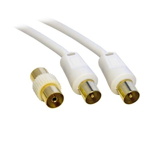 Image of 5M Metre TV VCR Video Aerial Coaxial Fly Lead / Cable Male to Male White + Female Coupler - Gold
