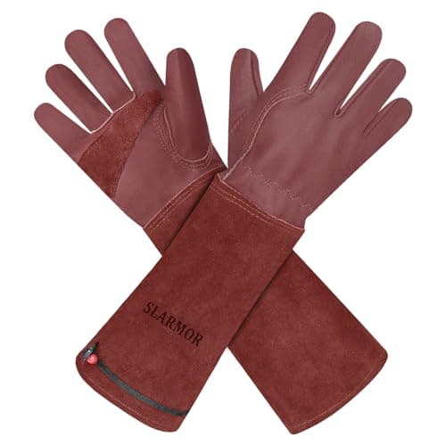 Image of SLARMOR leather Gardening Gloves for Women/Men - Thorn Proof Cowhide Leather Rose/Blackberry Pruning Heavy Duty Garden Gloves Thick Palm Gauntlet Garden Work Gloves with Forearm Protection
