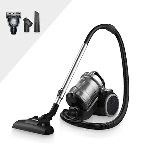 Image of Tower T102004PLPET TXP10PET Multi-Cyclonic Bagless Cylinder Vacuum Cleaner with Crevice Tool, Floor Brush, Small Brush, Pet Attachment, Automatic Cord Rewinder, 1.5L, 800W, Platinum