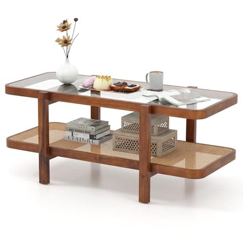 Image of CASART Coffee Table, 2-Tier Tempered Glass Tea Table with Acacia Wood Frame & Rattan Storage Shelf, Wooden Accent Table Center Tables for Living Room Bedroom Office (Rectangle, 120 x 56 x 50cm, Brown)
