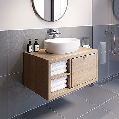 Image of Vitusso® 800mm Bathroom Vanity Unit Countertop Basin Sink Wall Hung Drawer Unit with Shelves Storage Oak Wood, St Tropez White Basin LH Shelves