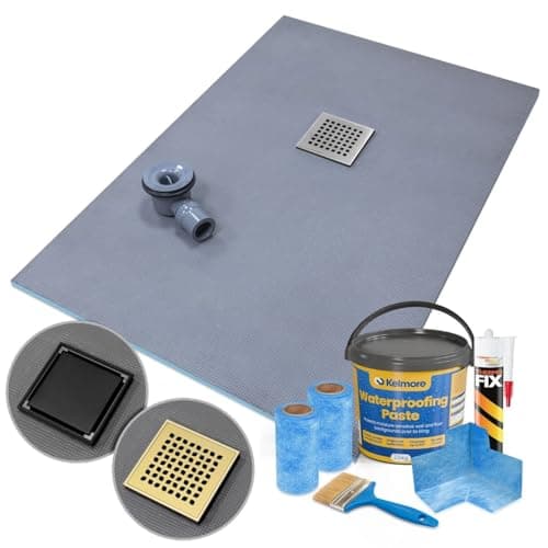 Image of Thermopanel Wet Room Shower Tray Former Offset Square Drain Gold Black Stainless Steel Grate - 1200 x 900 x 20mm, Square Pattern Grate - Steel