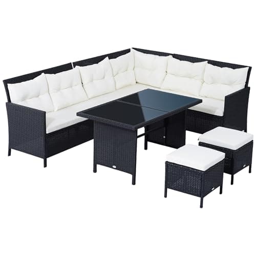 Image of Outsunny 6 Pieces Rattan Garden Furniture Set, 8-Seater Garden Corner Sofa Set with 3 Loveseats, Glass Top Table, Footstools, Outdoor Conservatory Furniture with Cushions for Patio, Black