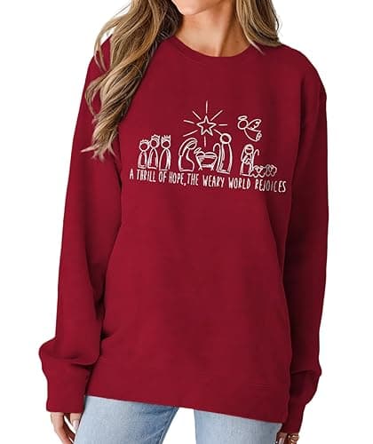 Image of MODNTOGA Women Christmas Sweatshirt Crewneck Christian Religious Graphic Tops Long Sleeve A Thrill Of Hope Nativity Shirt, Red, Medium