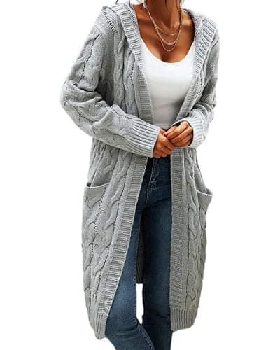 Image of GeGekoko Women Hooded Open Front Cardigan Cable Knit Sweaters Solid Color Chunky Long Sweater Coats Grey